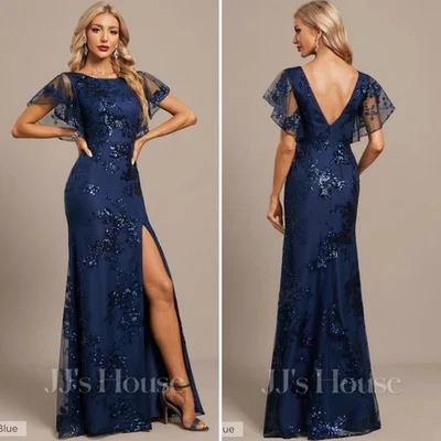 Marchesa Bridesmaid Sequin Gown Navy Blue Floral Flutter Sleeve Side Slit Sz 6 - Image 1 of 4