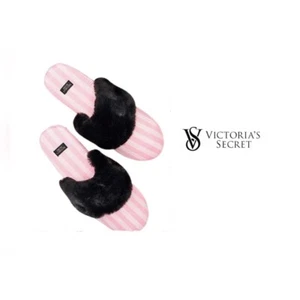 Victorias Secret ICONIC STRIPE PINK White Faux Fur Slippers Size Large 9/10 - Picture 1 of 8