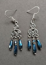 Earrings Handmade Mini Chandelier Silver Metallic Blue Crystal Drop Dangle