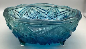 Vintage McKee “Fentec” Pressed Glass 3-Toed Round Aqua Blue Dish (Stars/Arches) - Picture 1 of 9