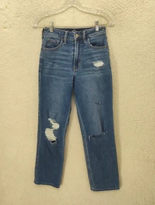 Jeans donna Hollister 0R blu misto cotone vita alta gamba dritta invecchiato - Foto 1 di 21