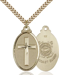 Men's 14K Gold Filled Cross Coast Guard Military Soldier Catholic Medal Necklace - Picture 1 of 1