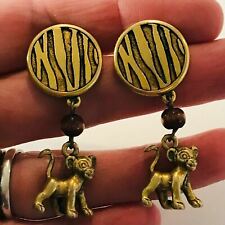 VTG Disney Lion King Earrings Dangle Simba Gold Tone Post Signed Brown Wood Bead