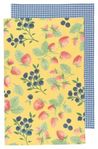 Set of 2 Cotton Kitchen Dish Towels - Colorful Strawberries & Blueberries 28x18 - Picture 1 of 4