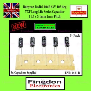 5x Condensatore elettrolitico passo RUBYCON 10uF 63V 105 gradi 11,5 x 5,1 mm 2 mm - Foto 1 di 1