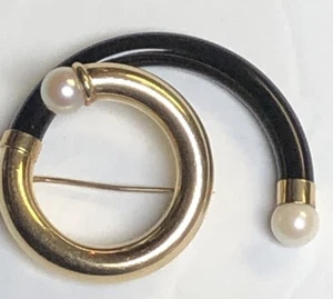14k Gold Black Onyx and Cultured Pearl Modern Abstract Brooch Pin - Picture 1 of 8
