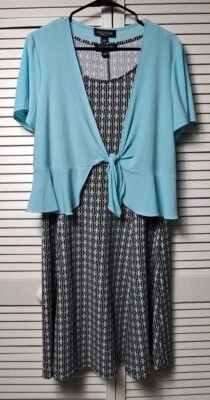 Ladies Perceptions 2-piece Shrug & Sleeveless Dress Powder Blue, Black & White  - Image 1 of 4