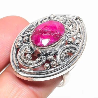天然克什米尔红色红宝石 925 纯银戒指 尺寸 8 Q463 — 第 1/4 张图片