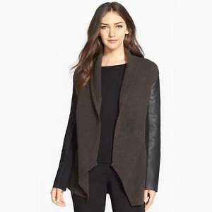 Eileen Fisher Wool Cardigan Coat Leather Sleeves size Medium Petite - Picture 1 of 6