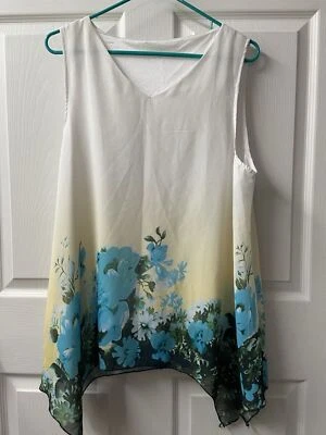 Camiseta sin mangas sin marca para mujer talla grande 2X azul crema cuello en V jersey floral Foto 1 de 3