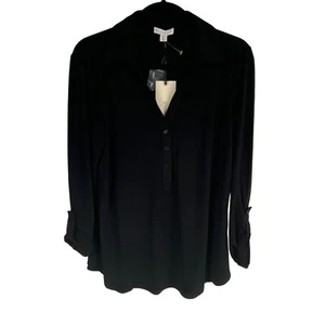 Eliane Rose Womens Tunic Top Size Large Black Collared Long Roll Tab Sleeves NEW - Picture 1 of 7