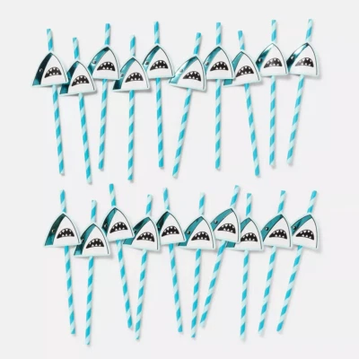 Shark Party Paper Straws Pack of 20 Ocean Theme Blue Stripe Kids Birthday NEW - Image 1 of 3