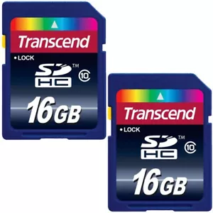 Two New Transcend 16 GB/16GB = 32 GB SD SDHC Flash Memory Cards (TS16GSDHC10) - Picture 1 of 2