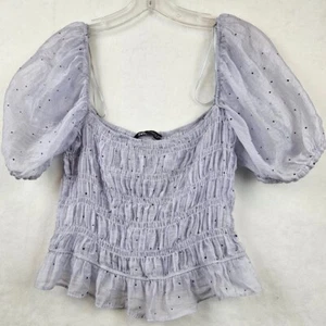 Zara Women Crop Blouse Size Medium off Shoulder Sheer Dusty Blue Black Polka Dot - Picture 1 of 13