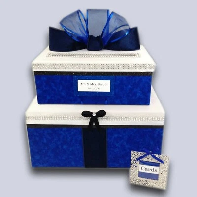 Caja de tarjetas de boda azul real, 2 niveles, plata, personalizada, tiene capacidad para 80 tarjetas Foto 1 de 4
