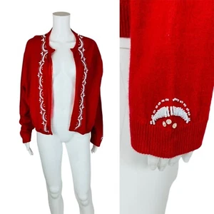 Vintage 50s Beaded Cardigan Red White Lamb's Wool Open Sweater B 50" - Picture 1 of 10