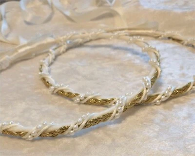 Greek Stefana Orthodox Wedding Crown Set in Ivory and Gold - Image 1 of 4