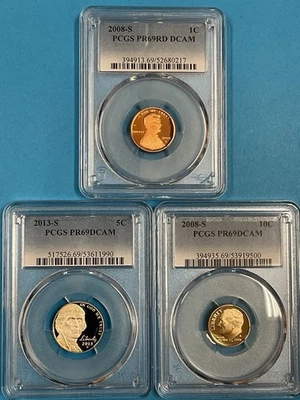 3-Coins 1c/5c/10c PCGS PR69DCAM 2008S/2013S/2008S - Image 1 of 4