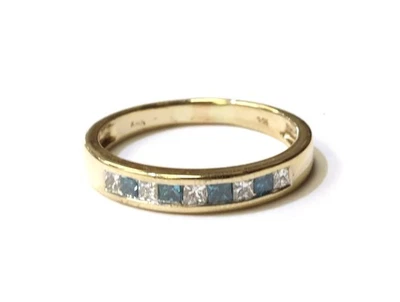 14K gold Blue & white .45ct diamond princess channel set wedding band ring 2.6g - Image 1 of 4