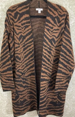 NINE WEST Women’s Cardigan Sweater Large Brown/Black Animal Print Open Long - Image 1 of 4