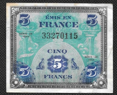 Billete circulado moneda militar aliada Francia 5 francos 1944 Foto 1 de 2