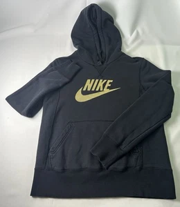 Vintage Nike Sportswear Gray Tag Boys Hoodie Size Medium Black with Gold Logo - Picture 1 of 7