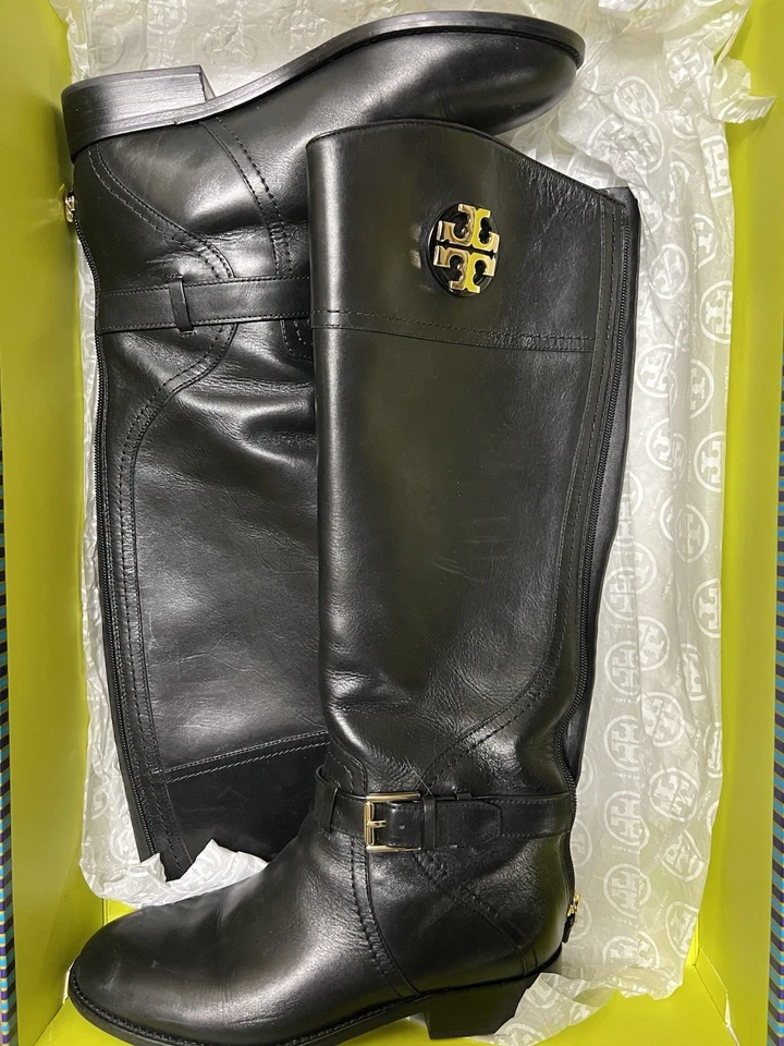 TORY BURCH ADELINE~ TALL RIDING BOOTS~ BLACK WITH GOLD~ TB LOGO HARDWARE  8M - Image 1 of 4