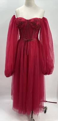 Vestido de tul para mujer ROJO bordado con cuentas fuera del hombro manga larga con cordones traseros ~2 Foto 1 de 4