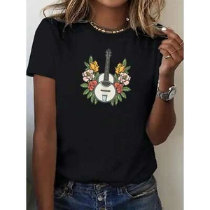 Women's Guitar Printed Round Neck T-shirt, Casual Short Sleeved Top - Picture 1 of 12