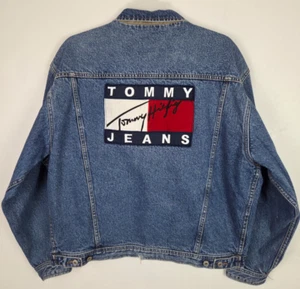 Patch Back Tommy Hilfiger Denim Jean Jacket XL Men Logo Vtg 90s Y2k Pockets Flag - Picture 1 of 22