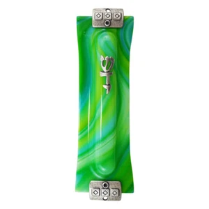 Mezuzah Glass Case HANDMADE Grn Blu Ylw Wht by Shachar Glass Art Israel - 4GS - Picture 1 of 3