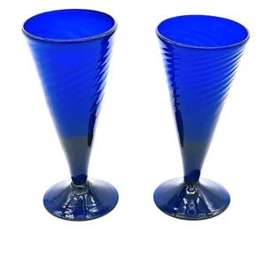 Vintage Cobalt Blue Swirl Parfait Champagne Glasses Hand Blown 7 1/2" Set of 2 - Picture 1 of 8