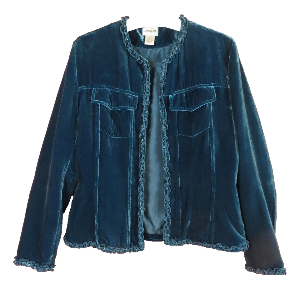 CJ0422- CHICO'S Woman Rayon Silk Open Front Jacket Deel Teel Blue Ruffle 0 XS-S - Image 1 of 4