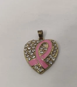 Breast Cancer Awareness Pink Ribbon Heart Pendant Charm Rhinestone Crystal Jewel - Picture 1 of 6