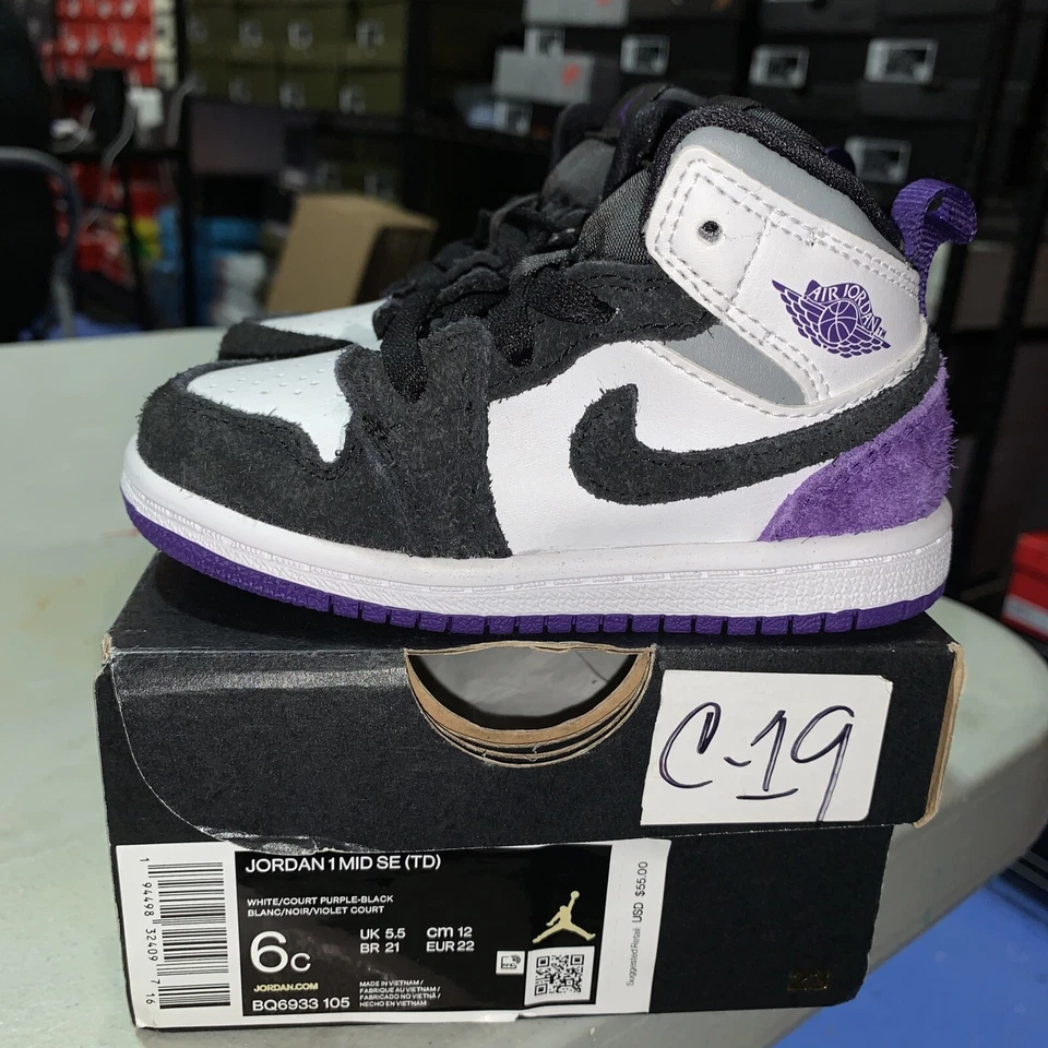Nike Air Jordan 1 Mid SE TD Toddler White/court Purple Bq6933-105 Size 10c