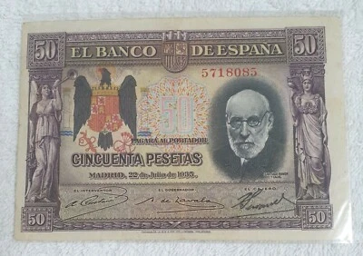 Scarce Rare Vintage 1935 Spain Commemorative 50 Pesetas Banknote aUNC Condition - Image 1 of 2