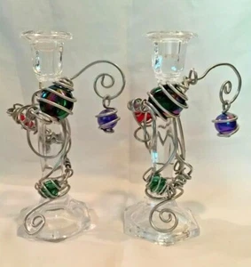 2 Crystal Candle Stick Holders wrapped in Aluminum Jewelry & Stones - Picture 1 of 11