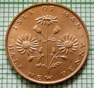 ISLE OF MAN 1975 HALFPENNY - ½ New Penny, RAGWORT FLOWER, UNC Lustre km# 19 - Picture 1 of 6