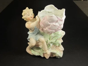 Antique German Bisque Boy Figure Sitting Next To Large Open Top Flower Vase - Picture 1 of 5