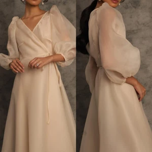 Women's Bathrobe V Neck Puff Sleeve Lace Up Photo Shoot Dress Plus Size Gowns - Picture 1 of 23