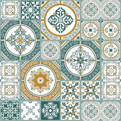 Toile cirée au mètre - Largeur 140 cm - Carreaux de ciment - Emeraude - Vert - Photo 1/4