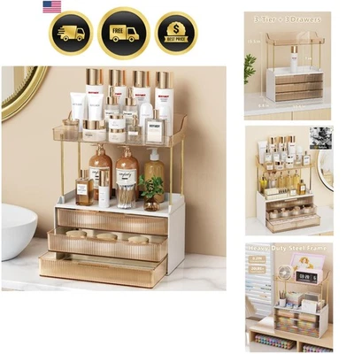 Organizador de almacenamiento de baño 3 niveles más configuración de 3 cajones dorado moderno tocador estante Foto 1 de 4