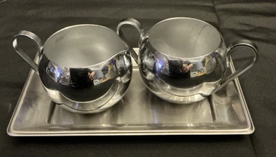 Винтажный набор хромированных сливок и сахара в стиле ар-деко с лотком - Изображение 1 из 4