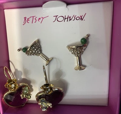 Betsey Johnson Martini Glass Crystal Stud Earrings Gift Box NIB + heart earrings - Image 1 of 4