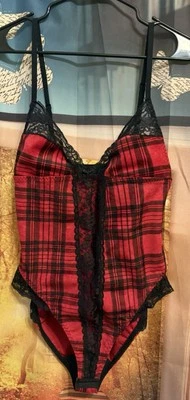 Vtg 80-90s Undercover Wear Red Velvet Plaid OnePiece BodySuit Teddy Lingerie Lrg - Image 1 of 4