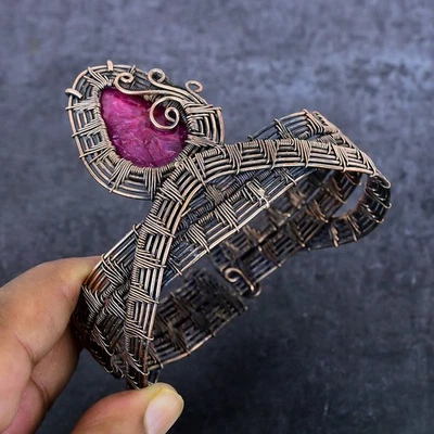 Ruby(Simulated) Gesmtone Copper Wire Wrap Cuff Bangle Adjustable X-Mas Gift h682 - Image 1 of 4