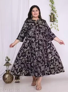 PLUS Size Women Floral Print Cotton Blend A-line Kurta (Black)-XXXL to 8 XL - Picture 1 of 4