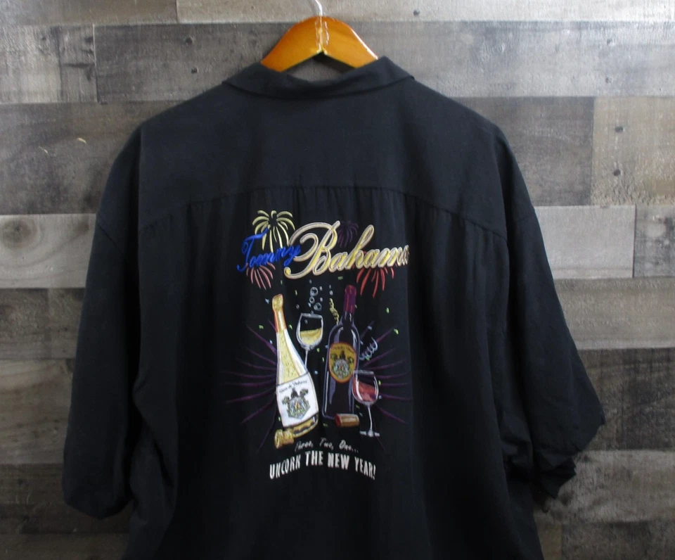 Tommy Bahama Shirt Mens 3XB Black Silk Uncork The New Year Champagne Embroidered - Image 1 of 4