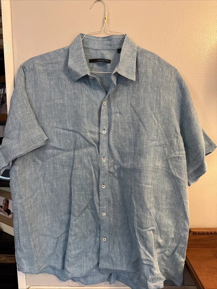 Camisa Zachary Prell Azul Mezcla de Lino Manga Corta Abotonada - XXL Foto 1 de 4