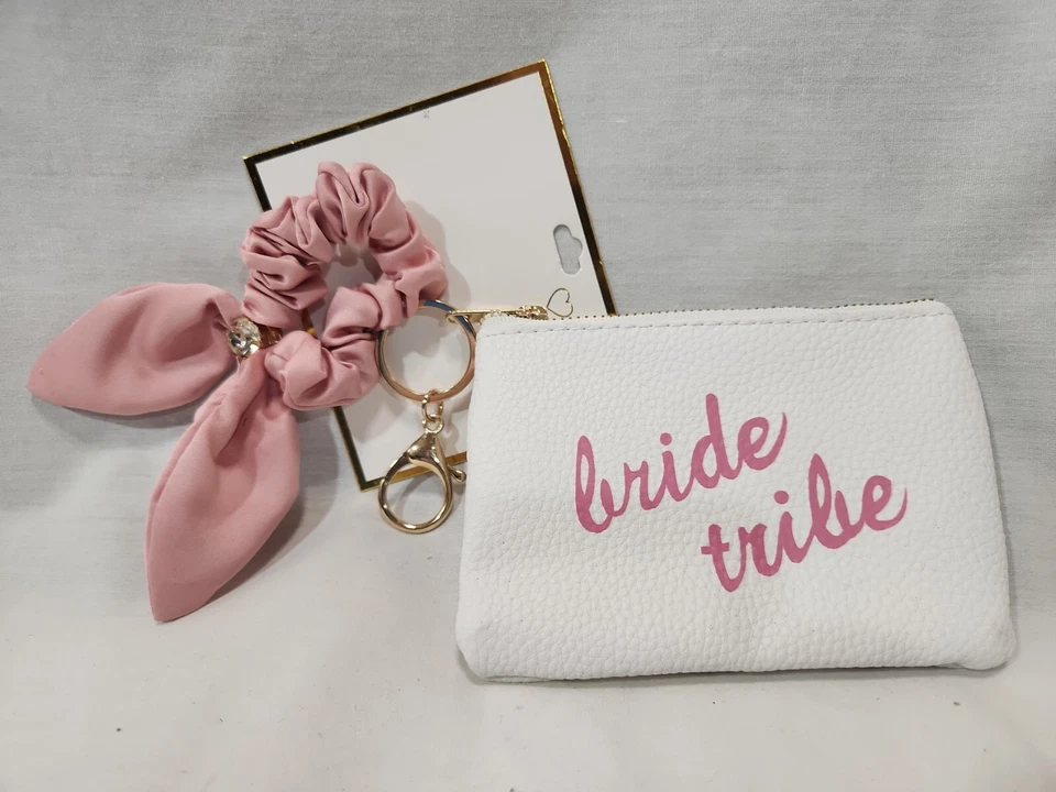 4 Bride Tribe Pouch and Scrunchie Keychain White & PINK
